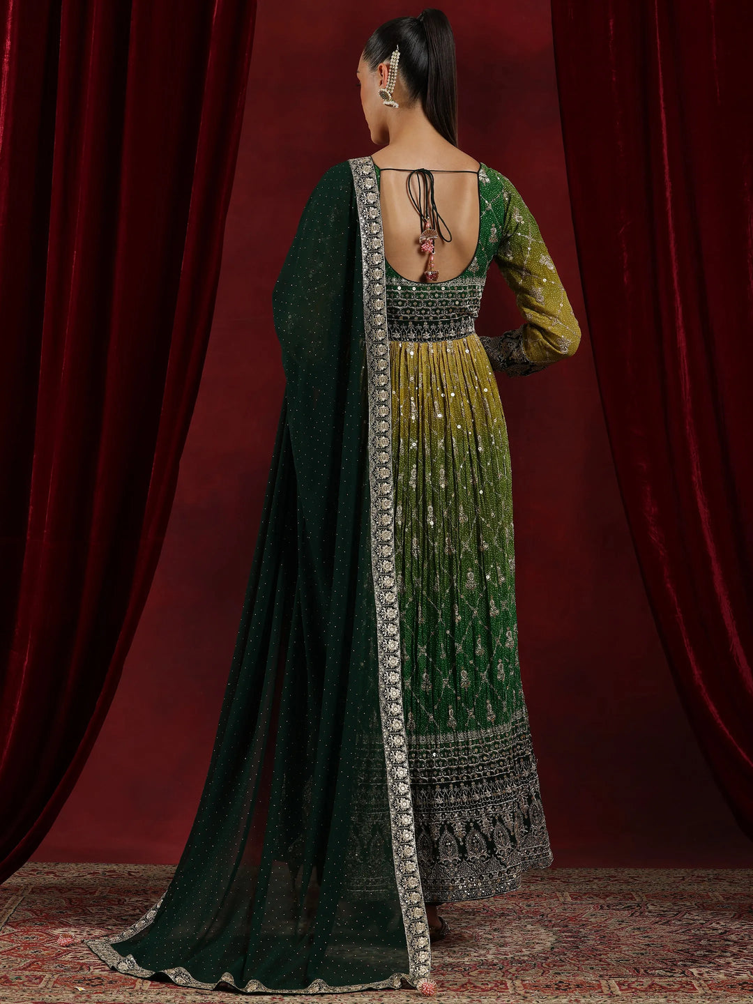  Libas Art Green Printed Georgette A-Line Kurta With Trousers & Dupatta 