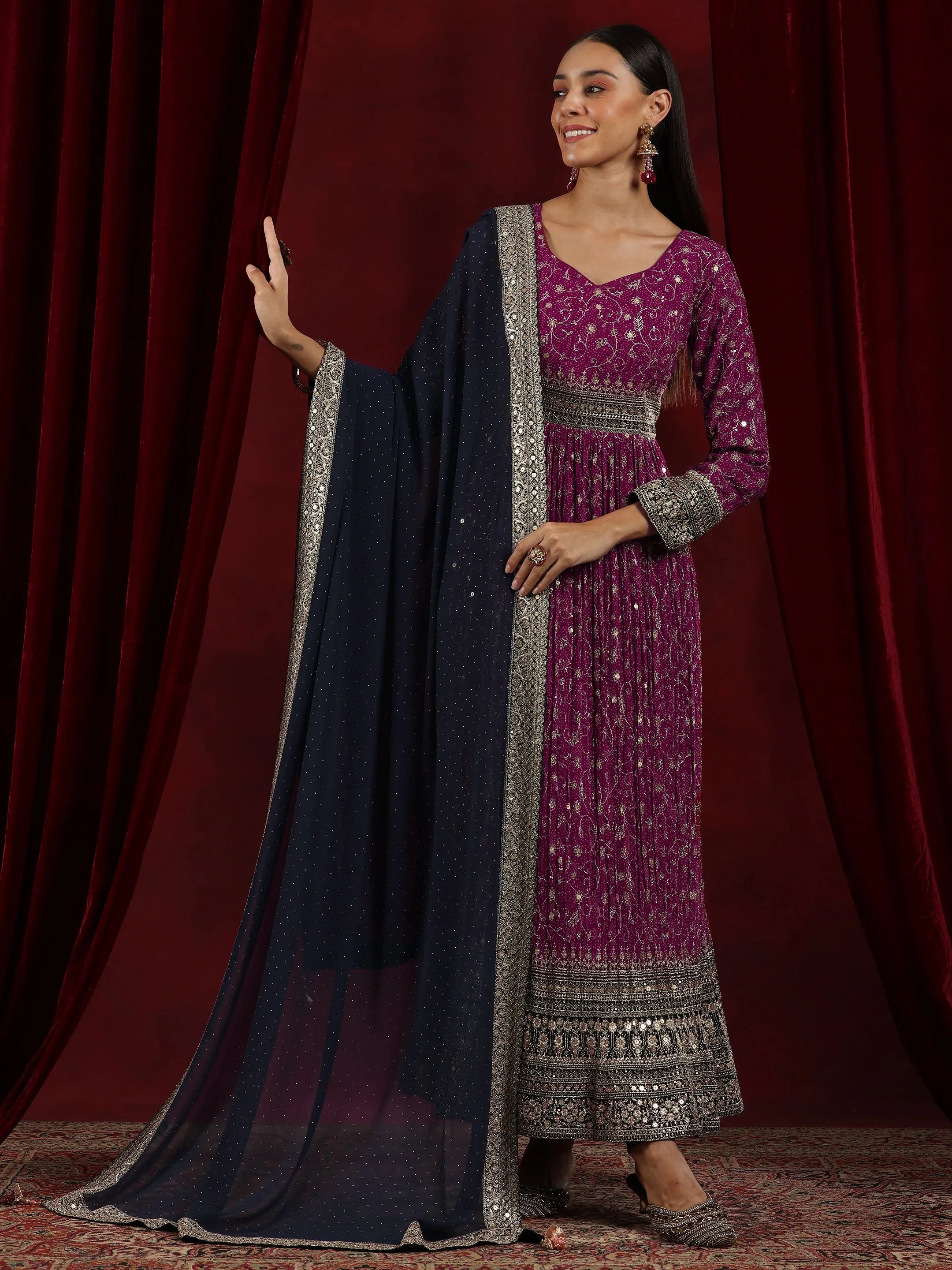 Libas Art Magenta Printed Georgette A-Line Kurta With Trousers & Dupatta-picture-37