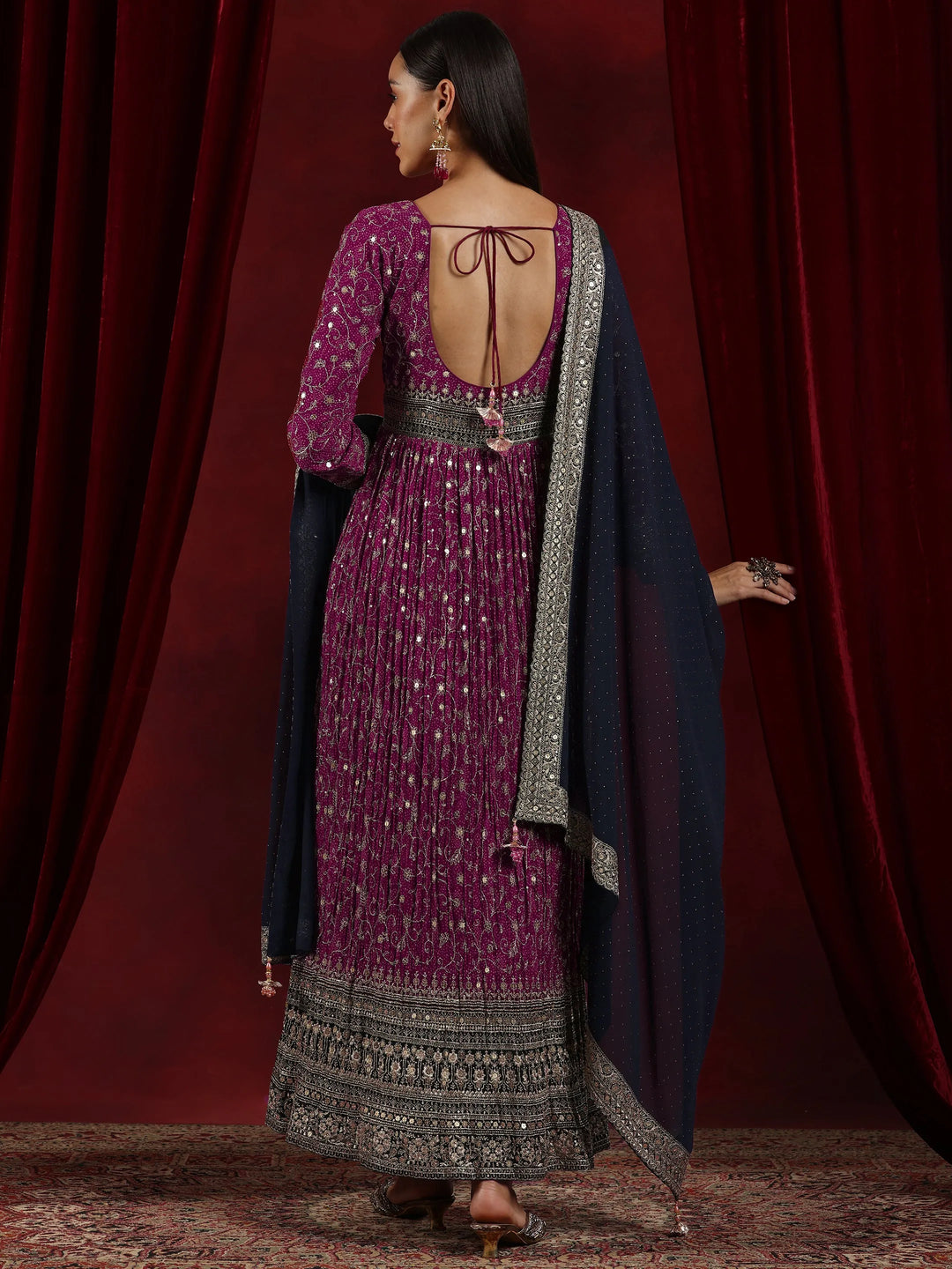  Libas Art Magenta Printed Georgette A-Line Kurta With Trousers & Dupatta 