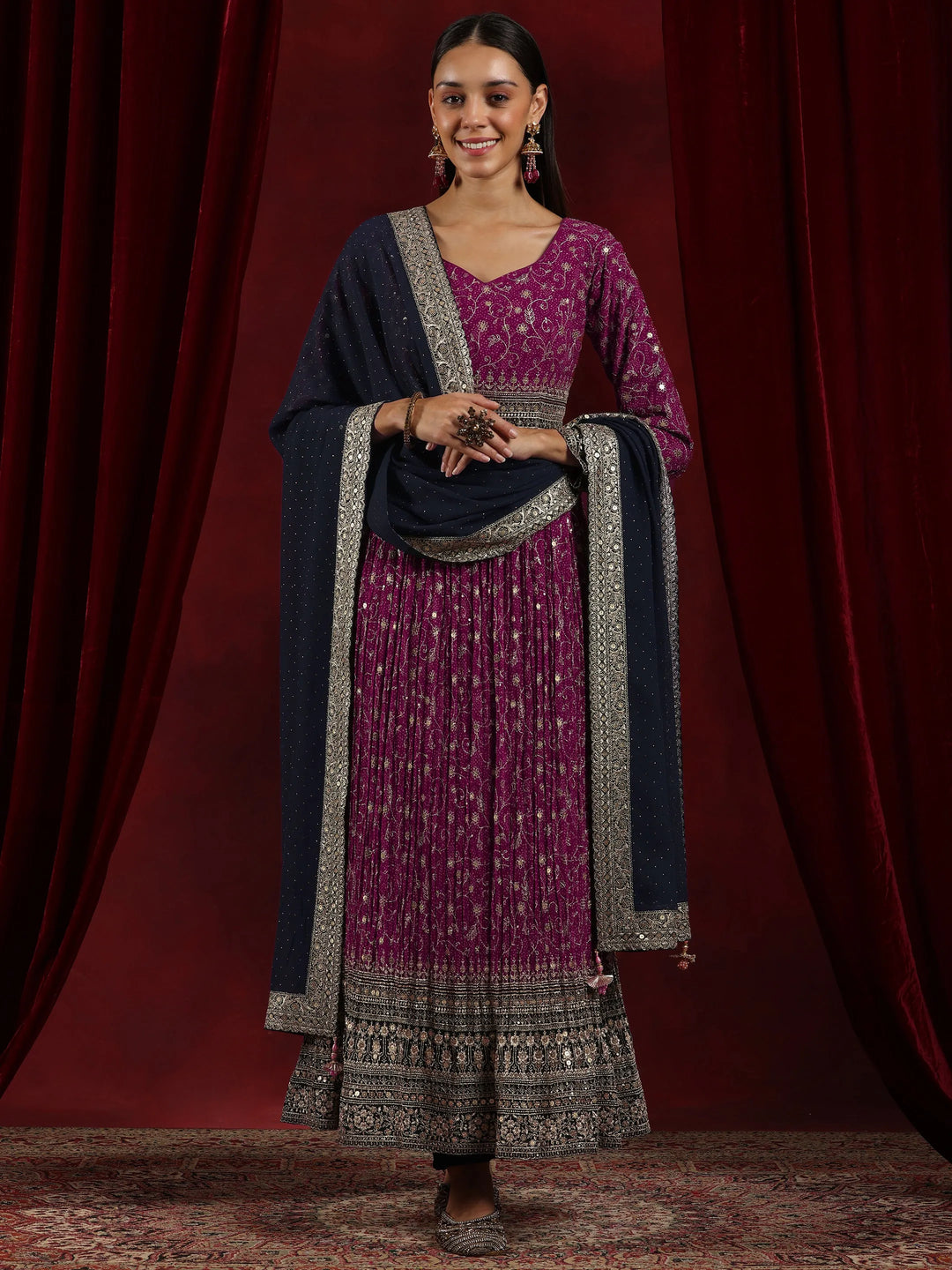  Libas Art Magenta Printed Georgette A-Line Kurta With Trousers & Dupatta 