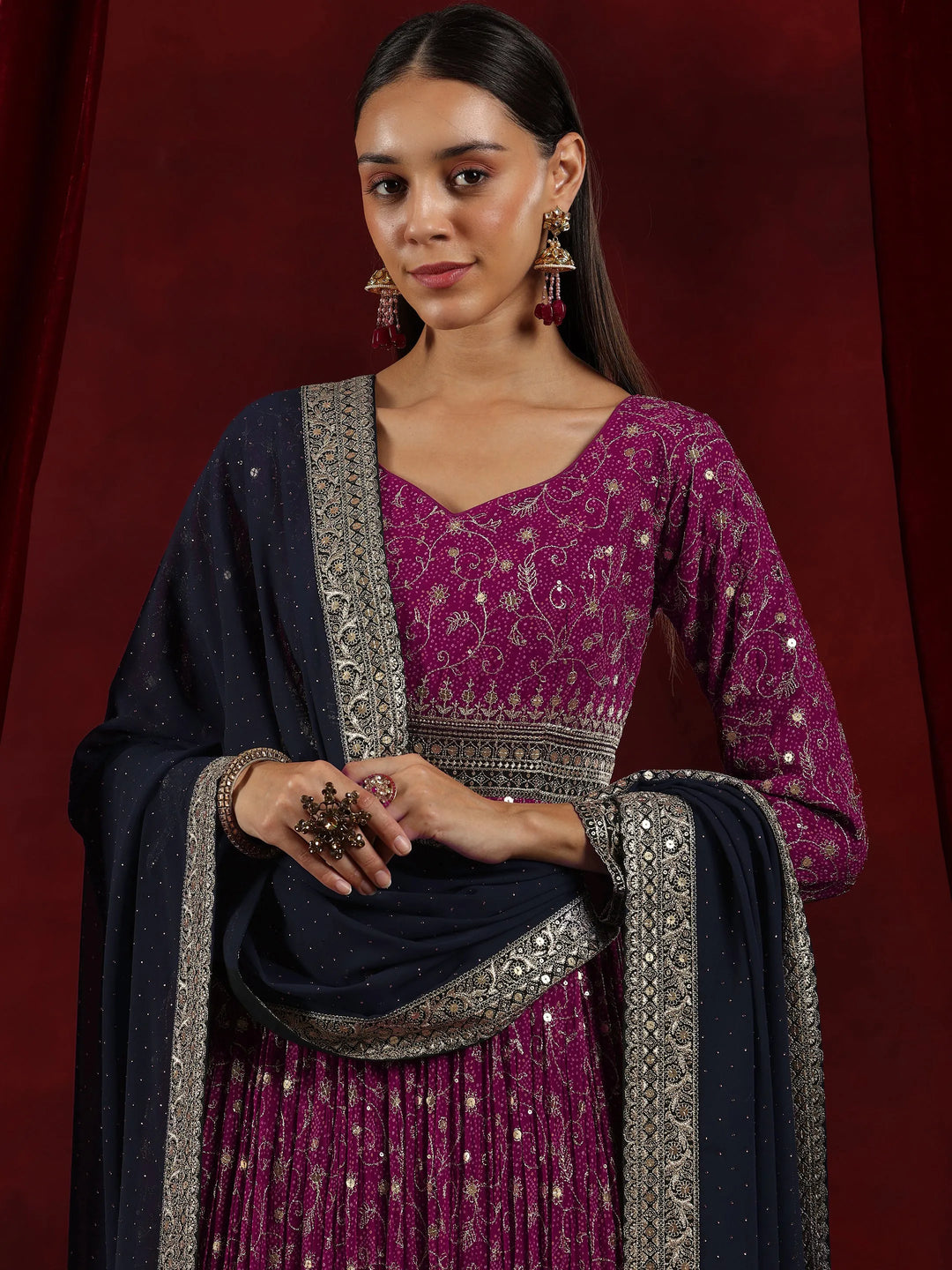  Libas Art Magenta Printed Georgette A-Line Kurta With Trousers & Dupatta 