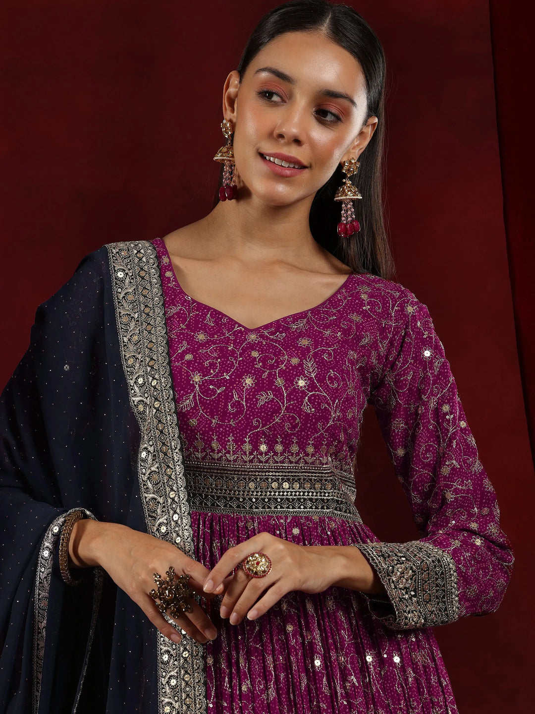  Libas Art Magenta Printed Georgette A-Line Kurta With Trousers & Dupatta 