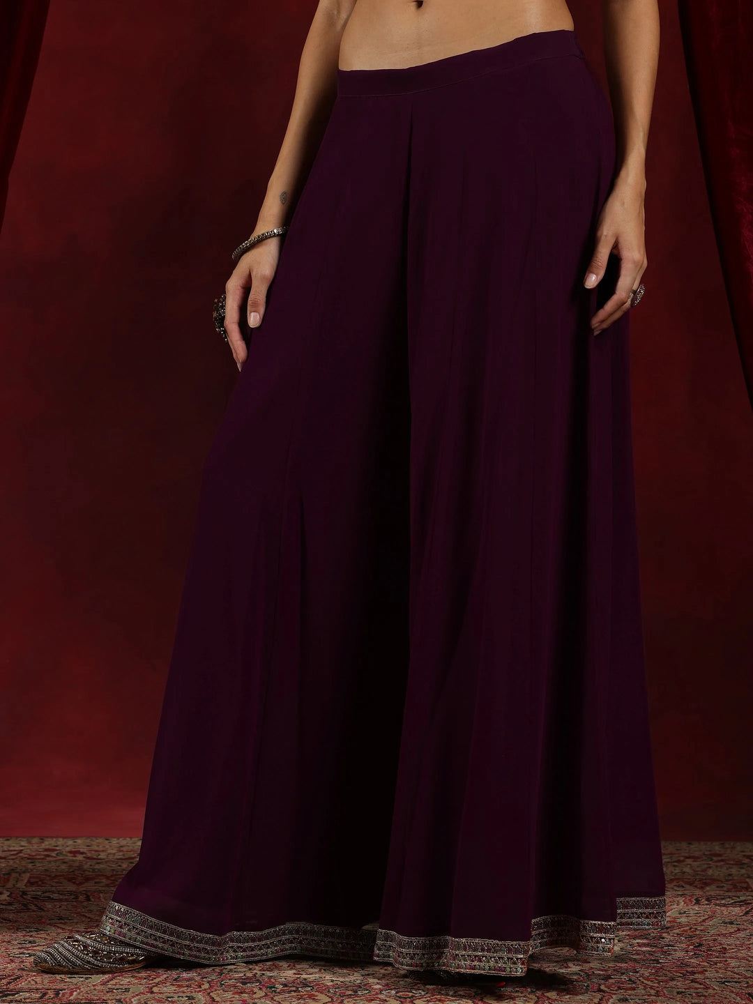  Mehreen Libas Art Wine Embroidered Georgette A-Line Kurta With Palazzos & Dupatta 