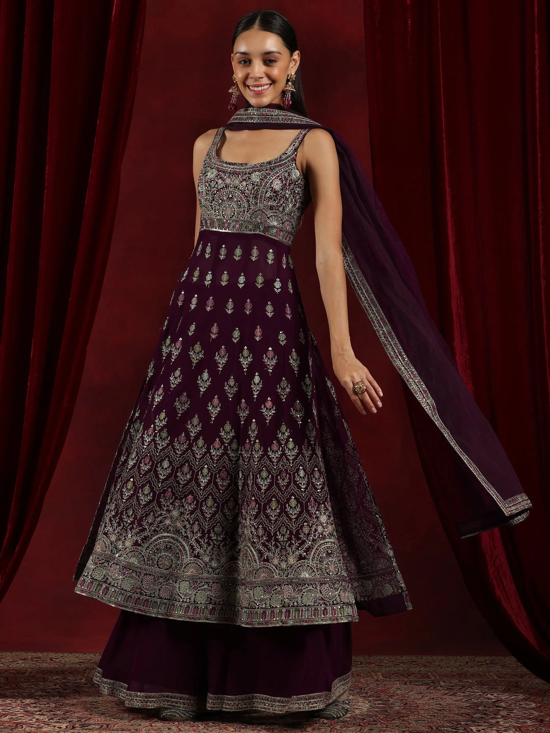  Mehreen Libas Art Wine Embroidered Georgette A-Line Kurta With Palazzos & Dupatta 