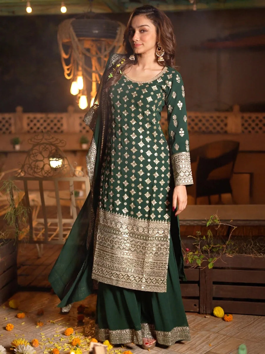 Libas Art Green Embroidered Chinon A-Line Suit Set With Dupatta