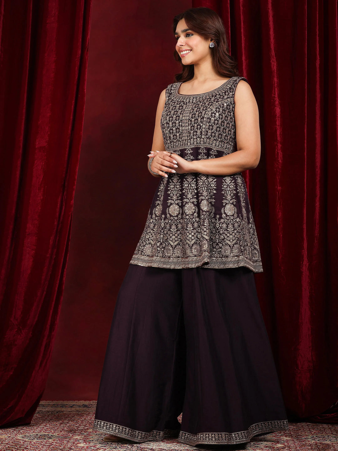  Libas Art Burgundy Embellished Silk Blend A-Line Suit With Dupatta 