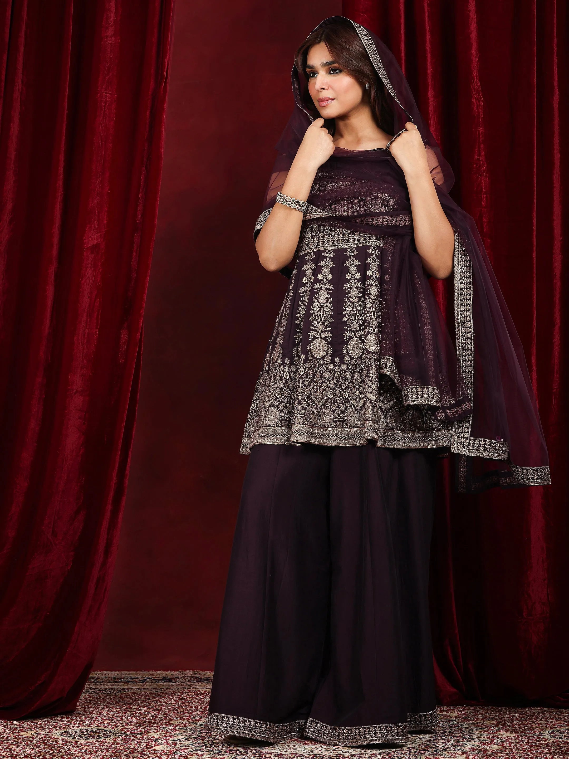 Libas Art Burgundy Embellished Silk Blend A-Line Suit With Dupatta-image-23