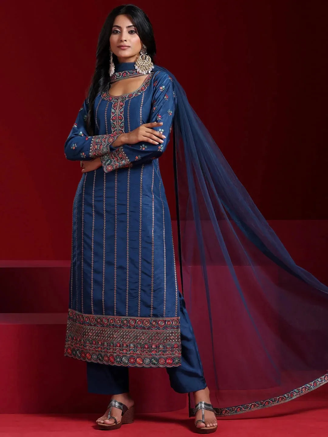  Libas Art Blue Embroidered Silk Blend Straight Suit With Dupatta 