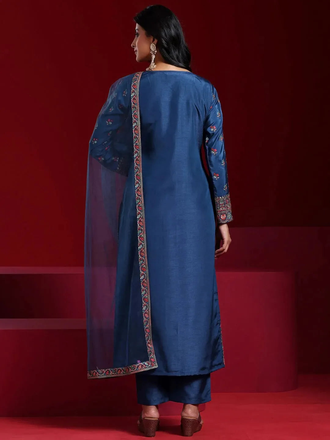  Libas Art Blue Embroidered Silk Blend Straight Suit With Dupatta 