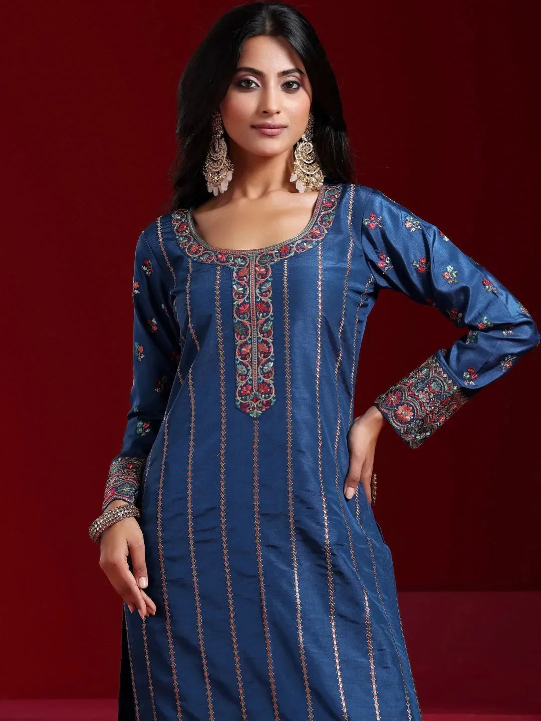  Libas Art Blue Embroidered Silk Blend Straight Suit With Dupatta 