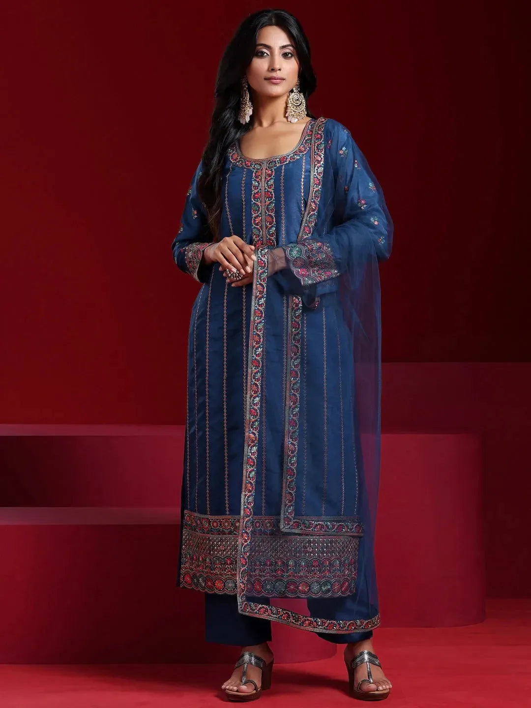  Libas Art Blue Embroidered Silk Blend Straight Suit With Dupatta 