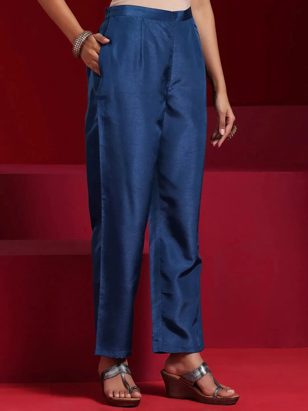  Libas Art Blue Embroidered Silk Blend Straight Suit With Dupatta 