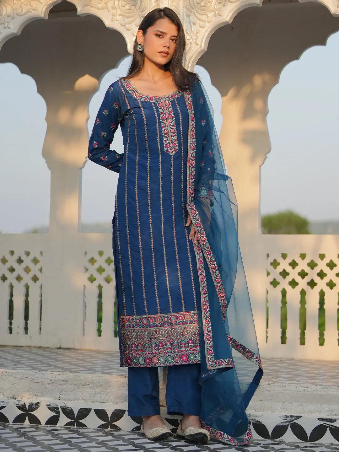 Blue Embroidered Silk Blend Straight Suit With Dupatta-image-34