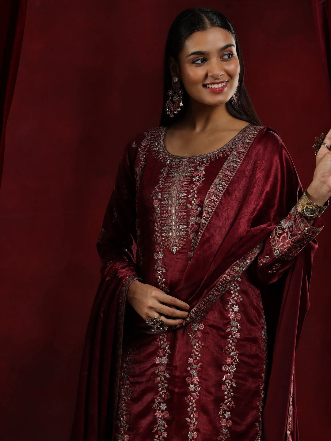  Libas Art Maroon Embroidered Silk Straight Suit With Dupatta 