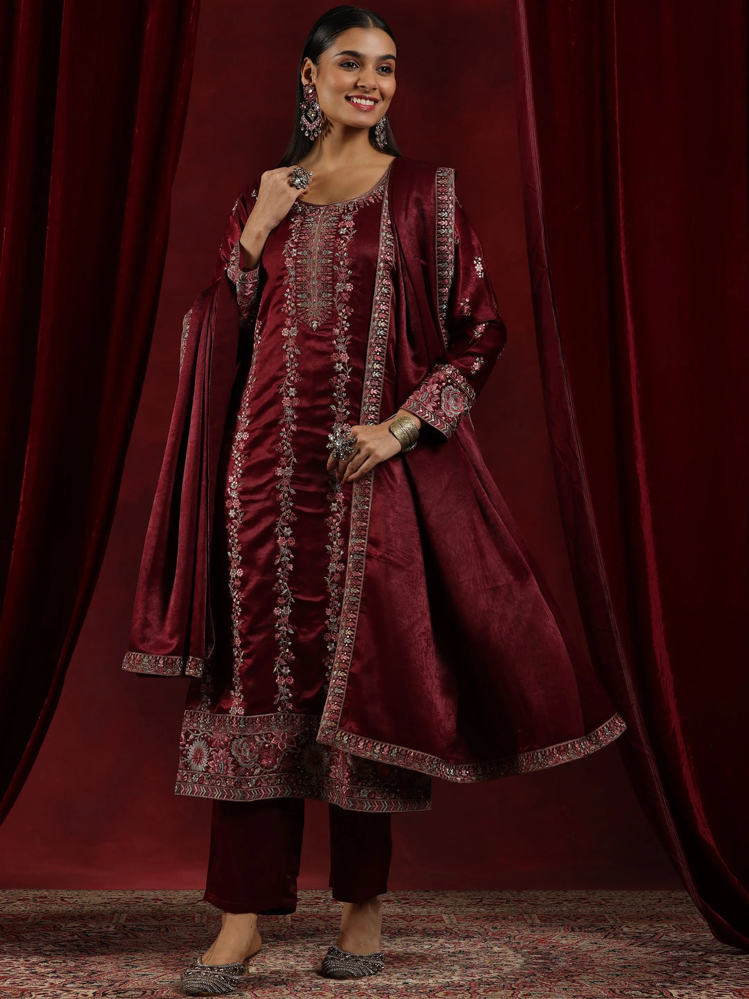  Libas Art Maroon Embroidered Silk Straight Suit With Dupatta 