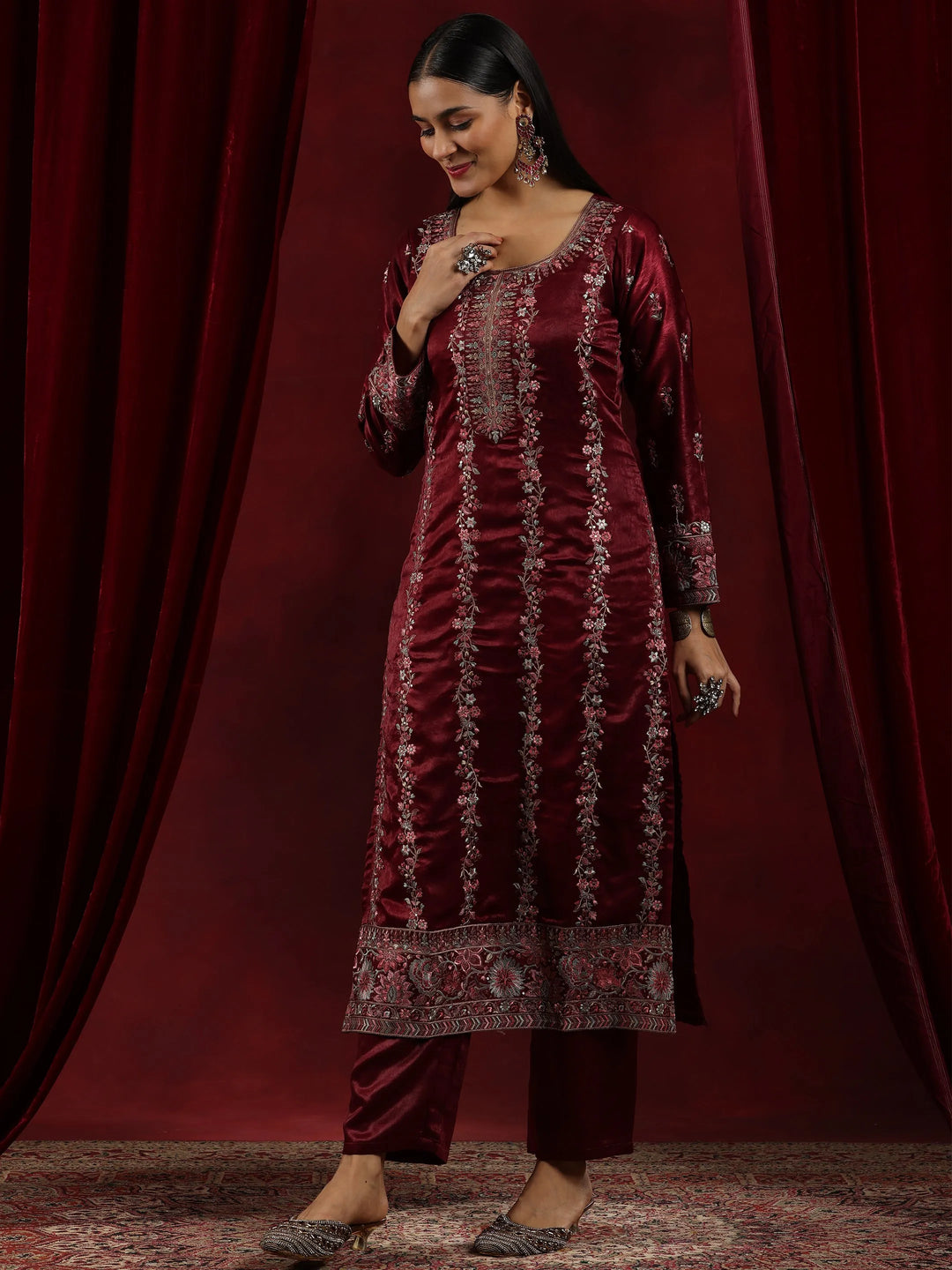  Libas Art Maroon Embroidered Silk Straight Suit With Dupatta 