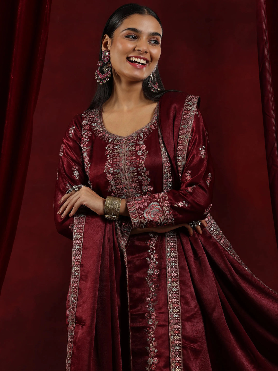  Libas Art Maroon Embroidered Silk Straight Suit With Dupatta 