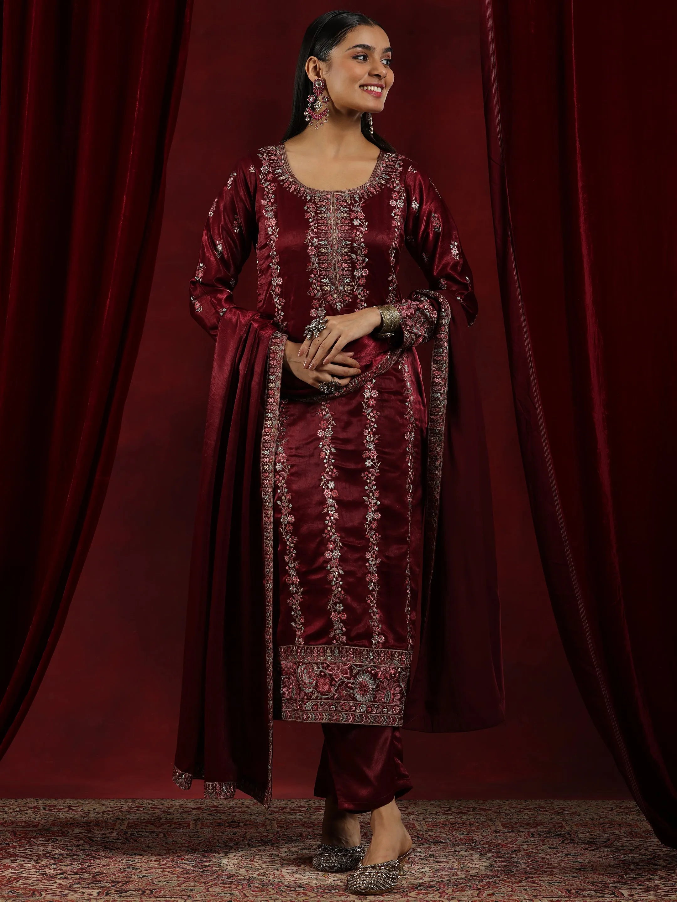 Maroon Embroidered Silk Straight Suit With Dupatta-image-4