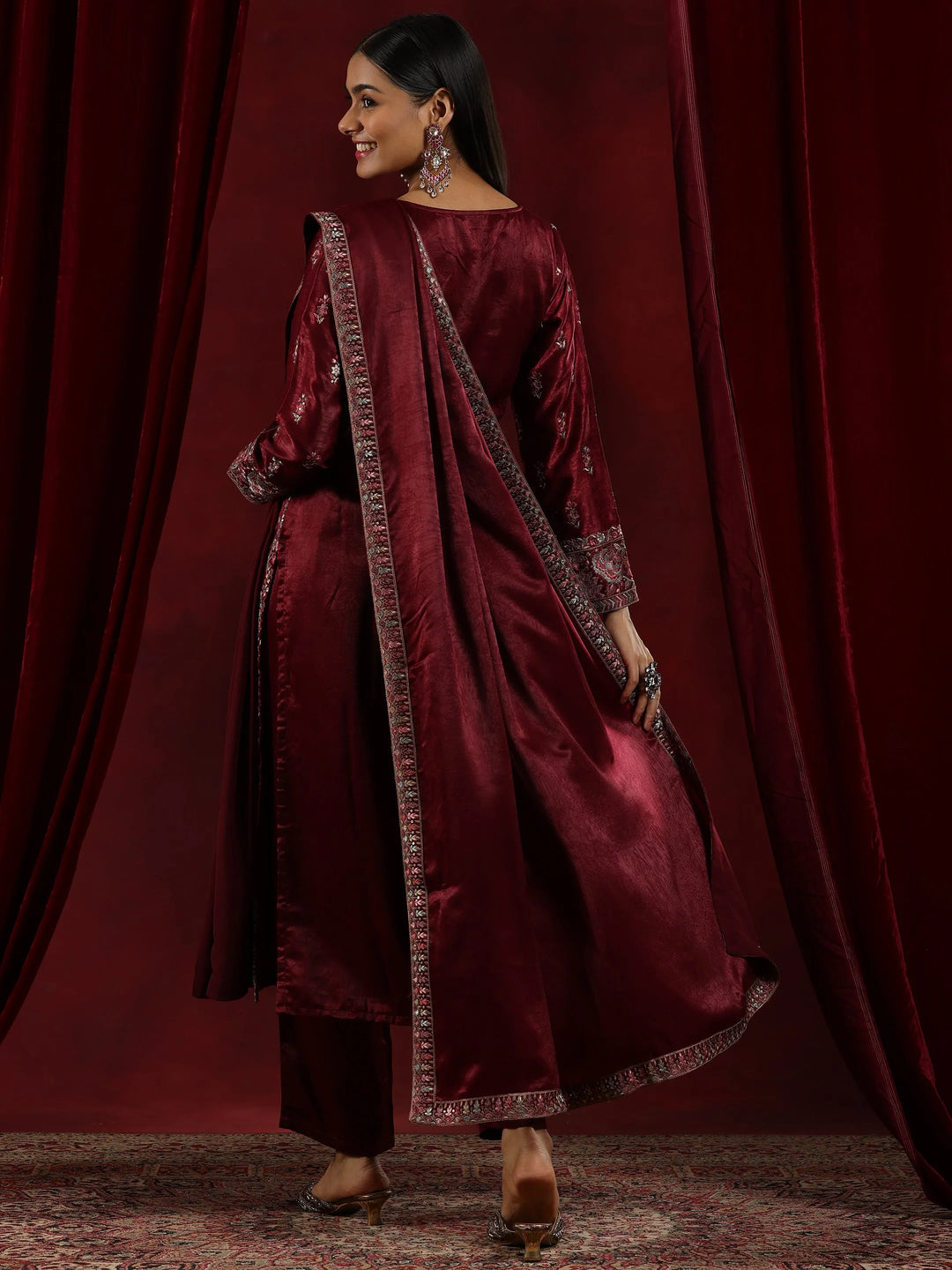  Libas Art Maroon Embroidered Silk Straight Suit With Dupatta 