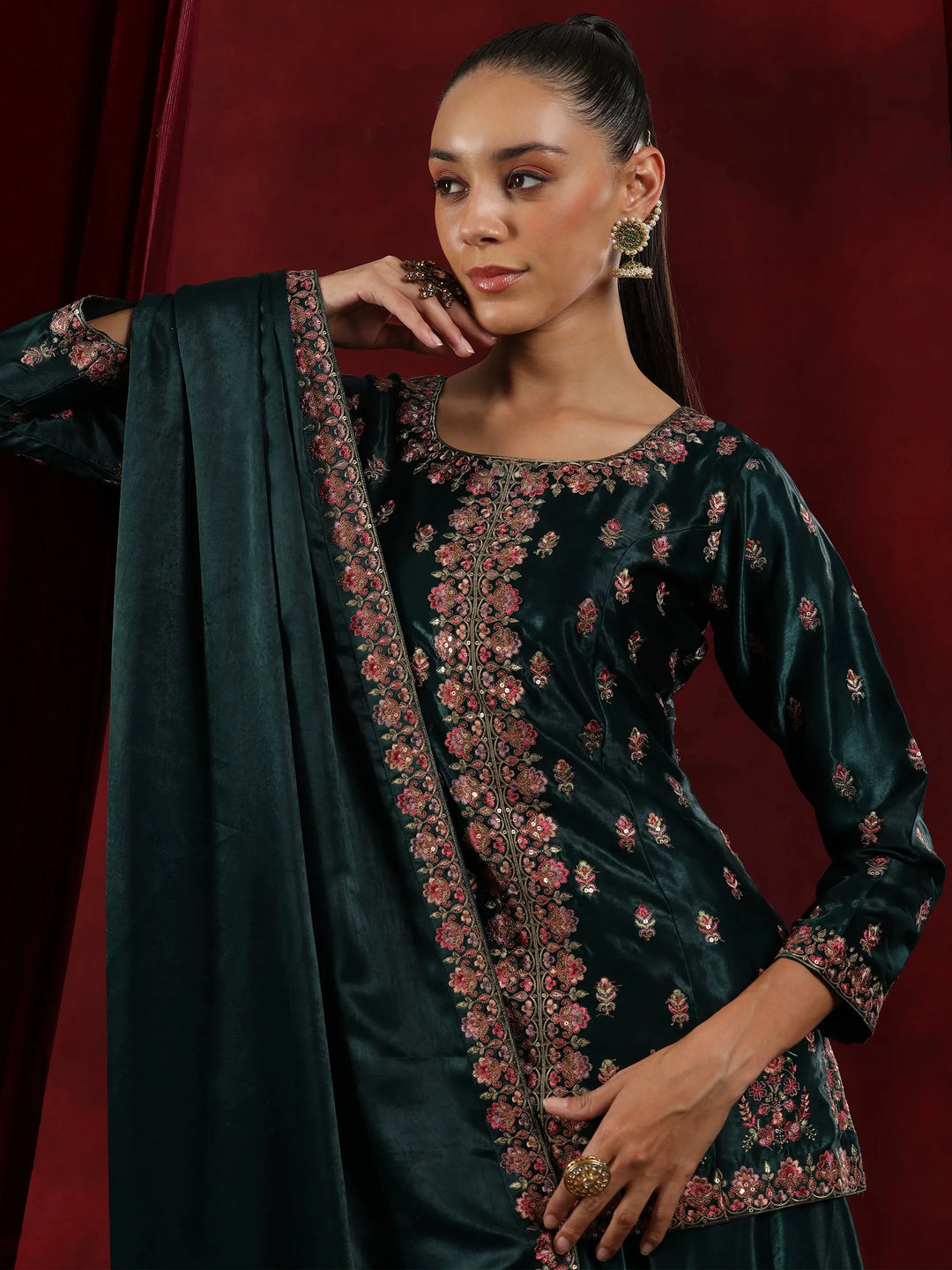  Libas Art Green Embroidered Silk Straight Suit With Dupatta 