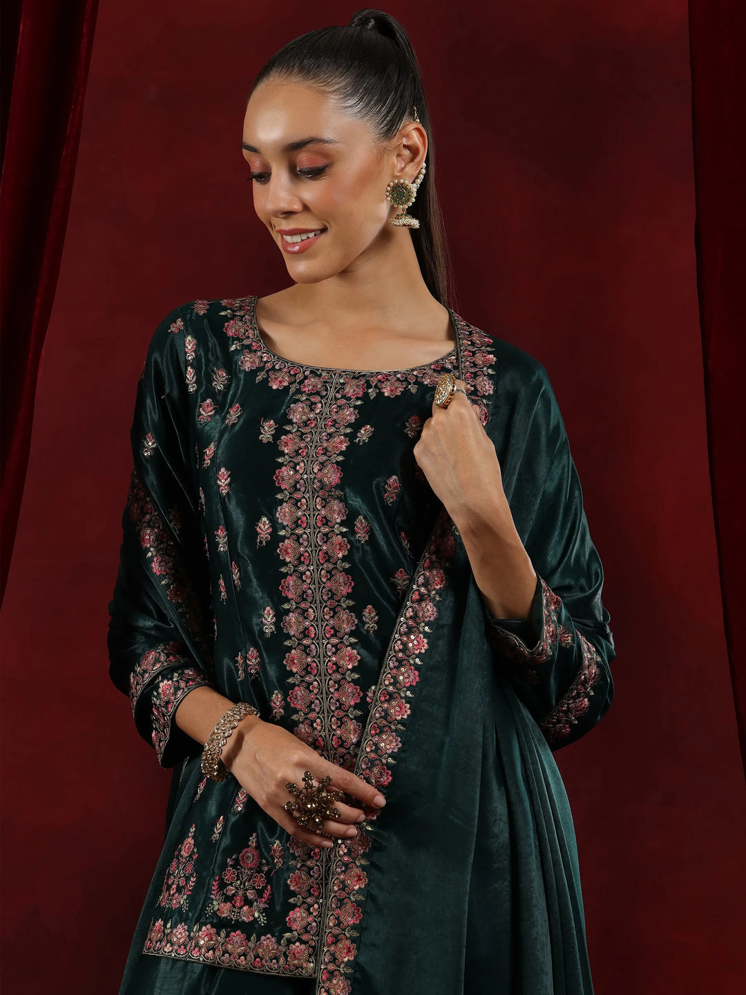  Libas Art Green Embroidered Silk Straight Suit With Dupatta 