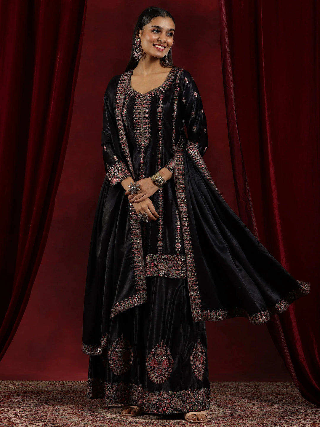  Libas Art Black Embroidered Silk Straight Suit With Dupatta 