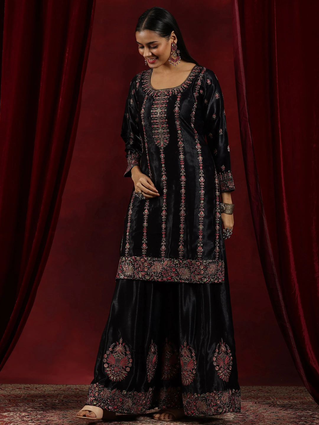  Libas Art Black Embroidered Silk Straight Suit With Dupatta 
