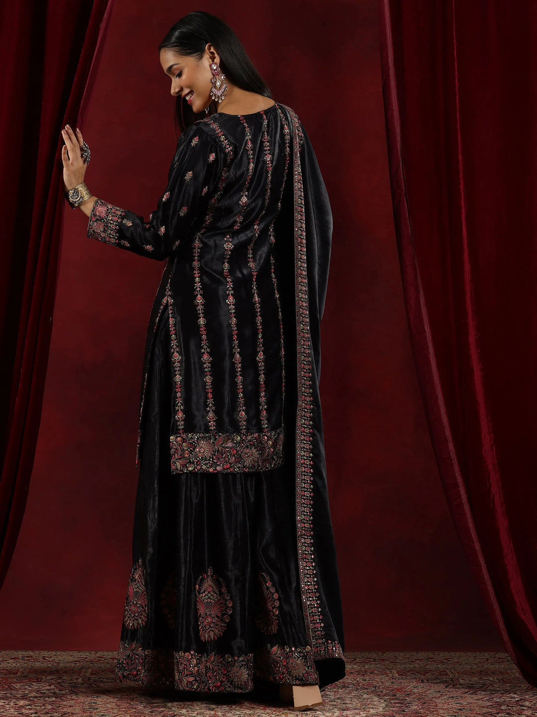  Libas Art Black Embroidered Silk Straight Suit With Dupatta 