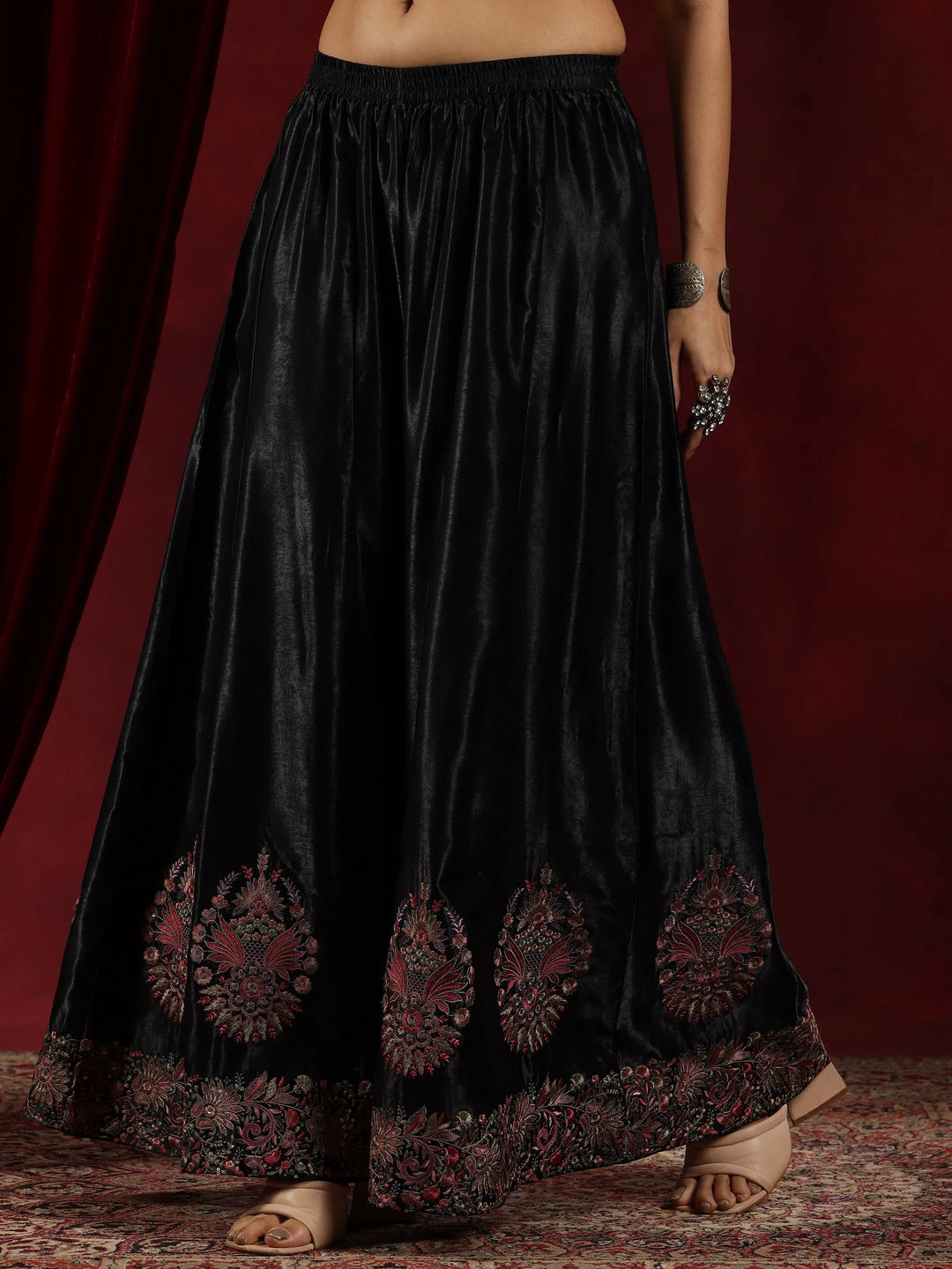  Libas Art Black Embroidered Silk Straight Suit With Dupatta 