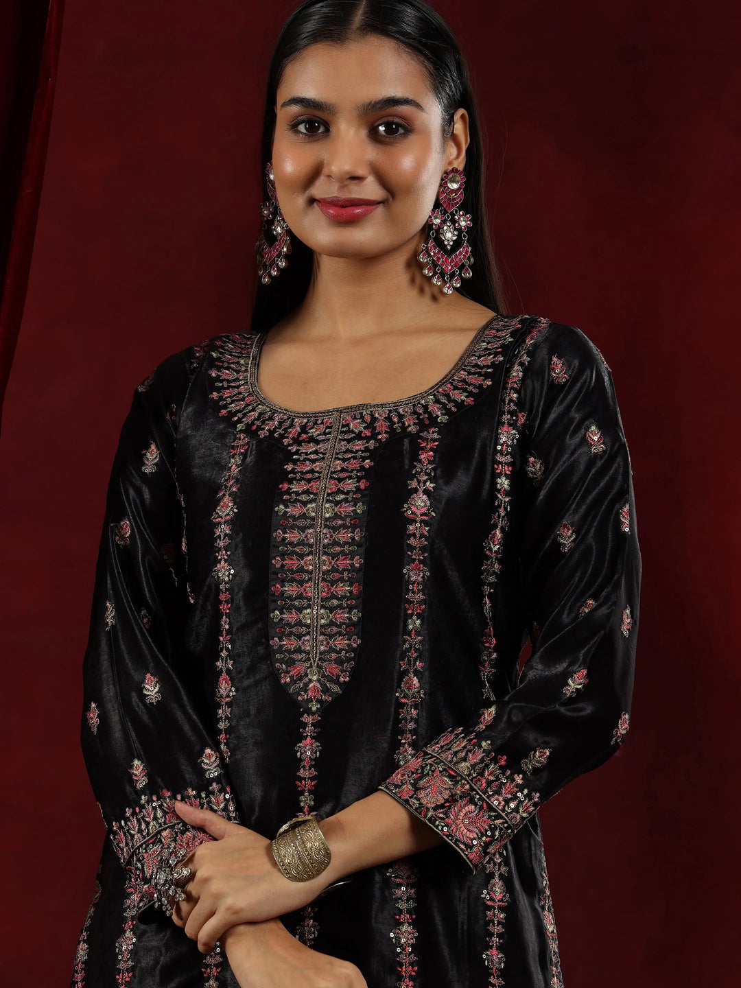  Libas Art Black Embroidered Silk Straight Suit With Dupatta 