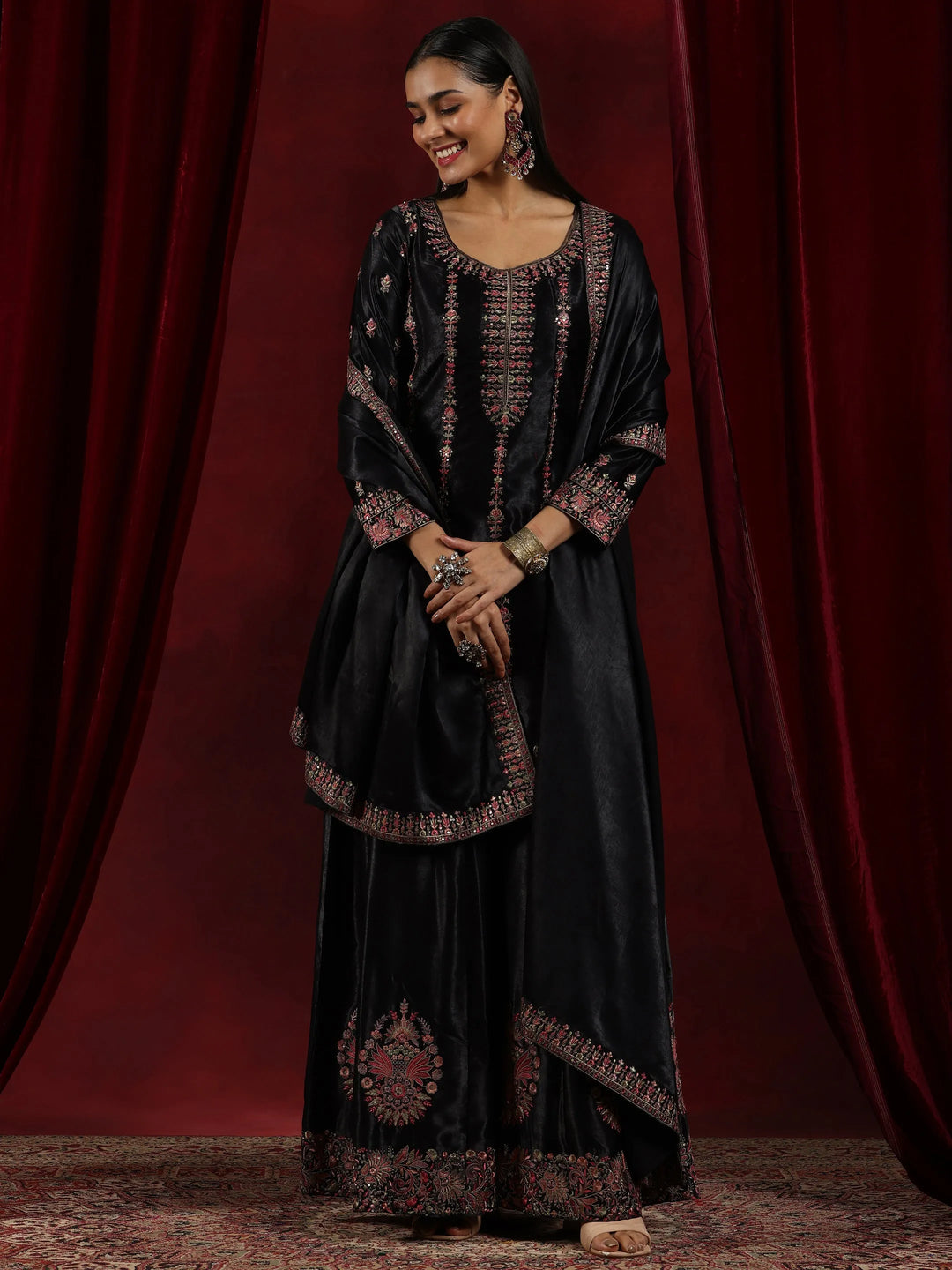  Libas Art Black Embroidered Silk Straight Suit With Dupatta 