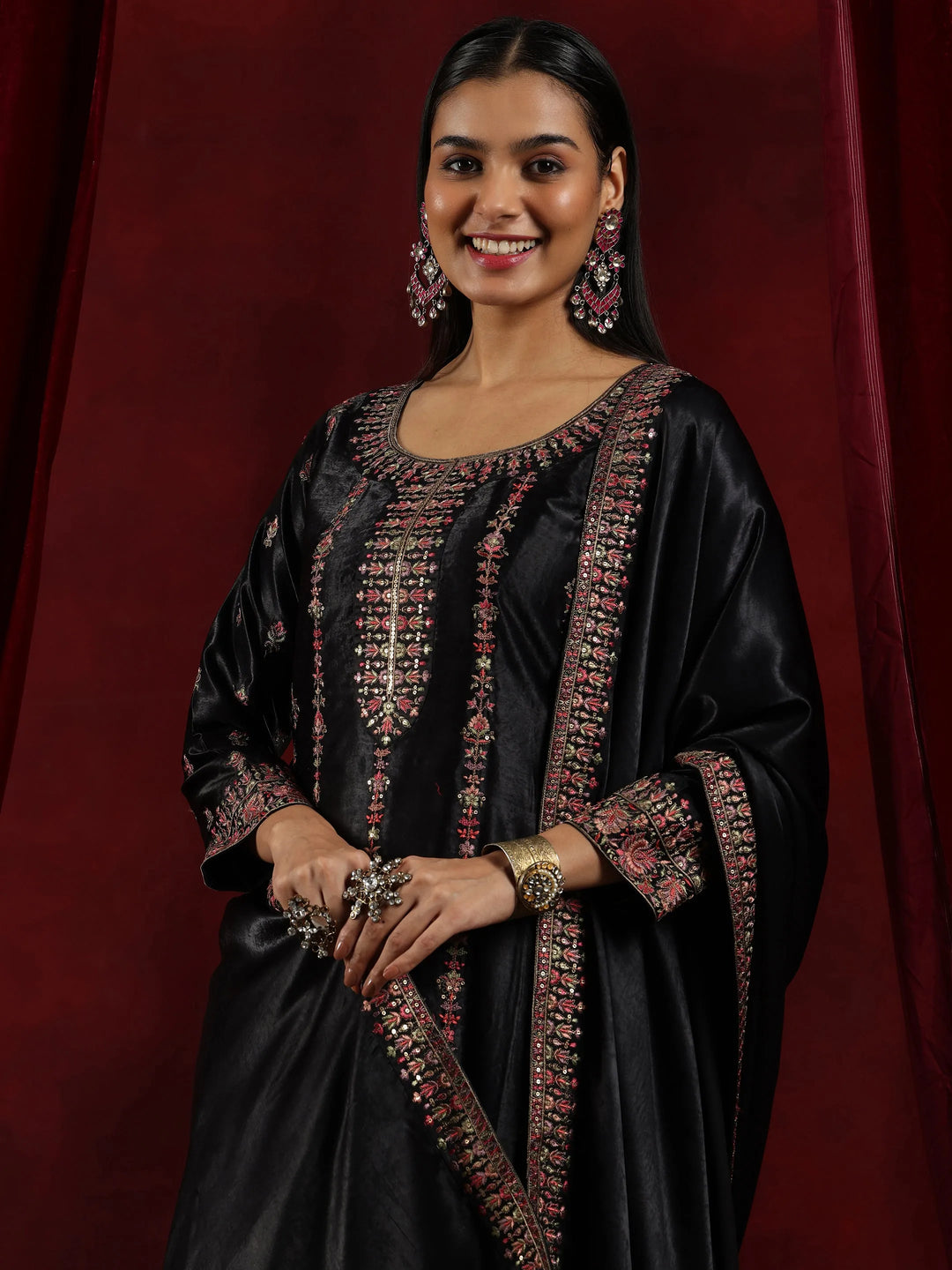  Libas Art Black Embroidered Silk Straight Suit With Dupatta 