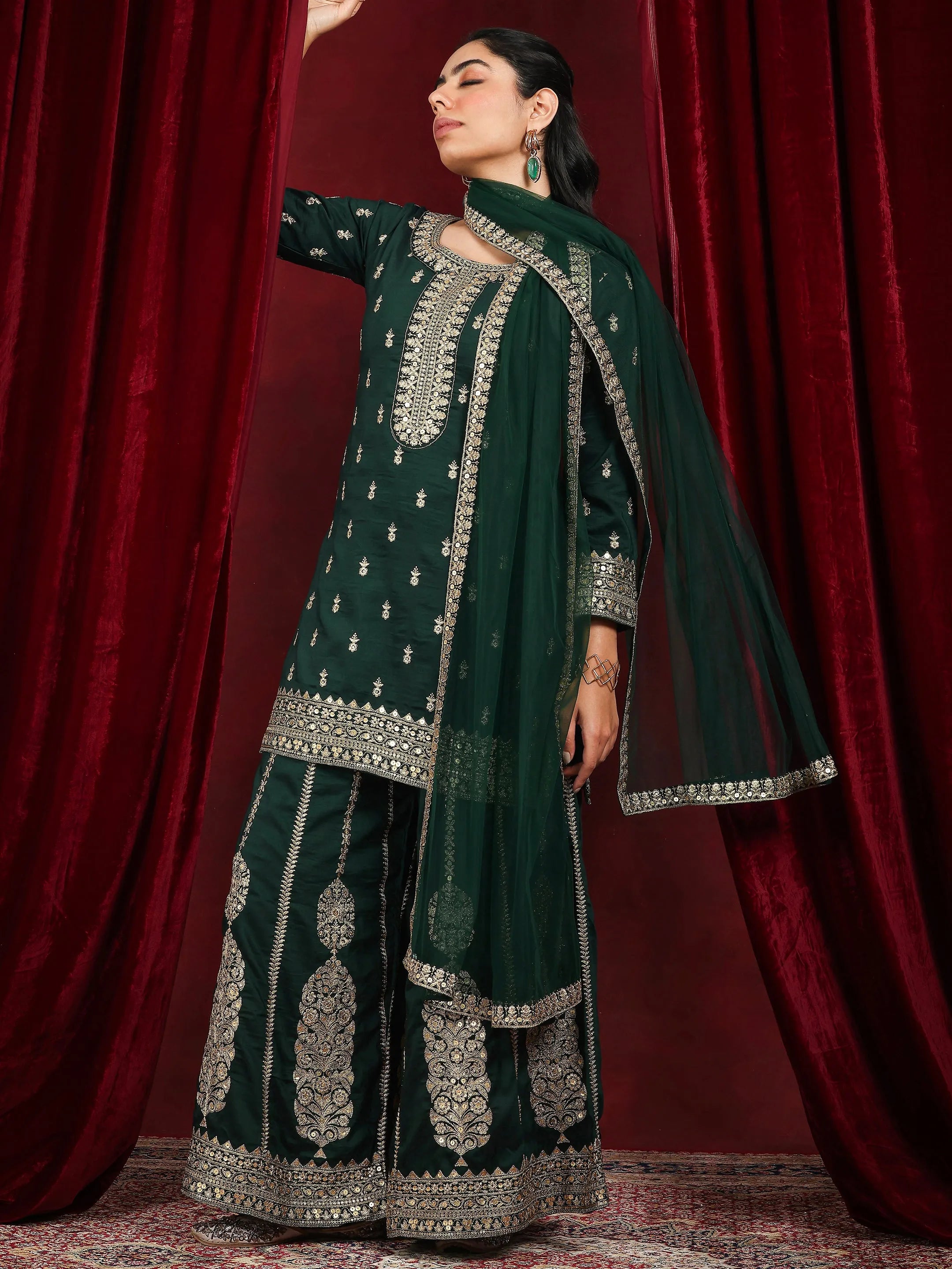 Libas Art Green Embroidered Silk Blend Straight Suit With Dupatta-picture-43