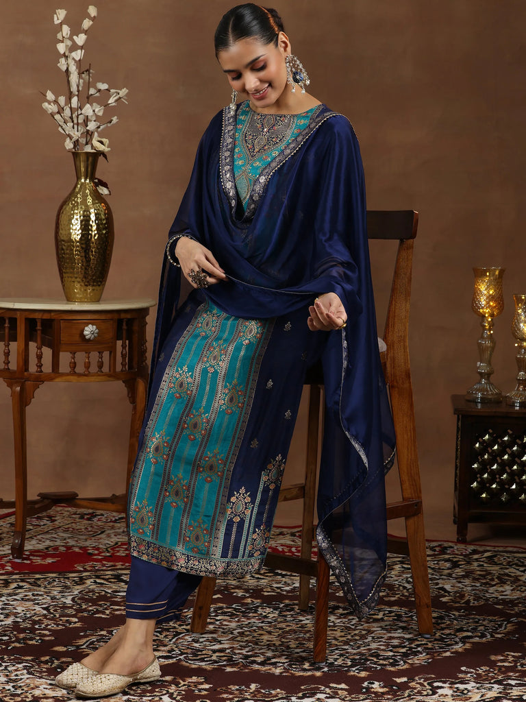 Libas Blue Woven Design Silk Blend Straight Suit With Dupatta