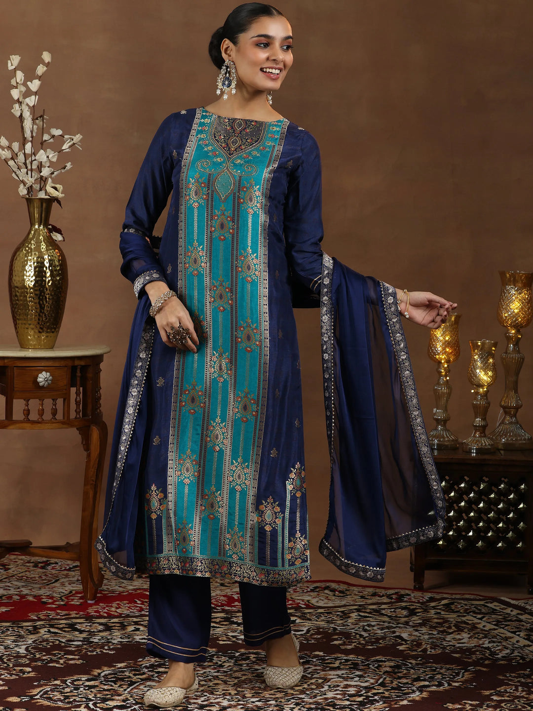  Blue Woven Design Silk Blend Straight Suit With Dupatta 