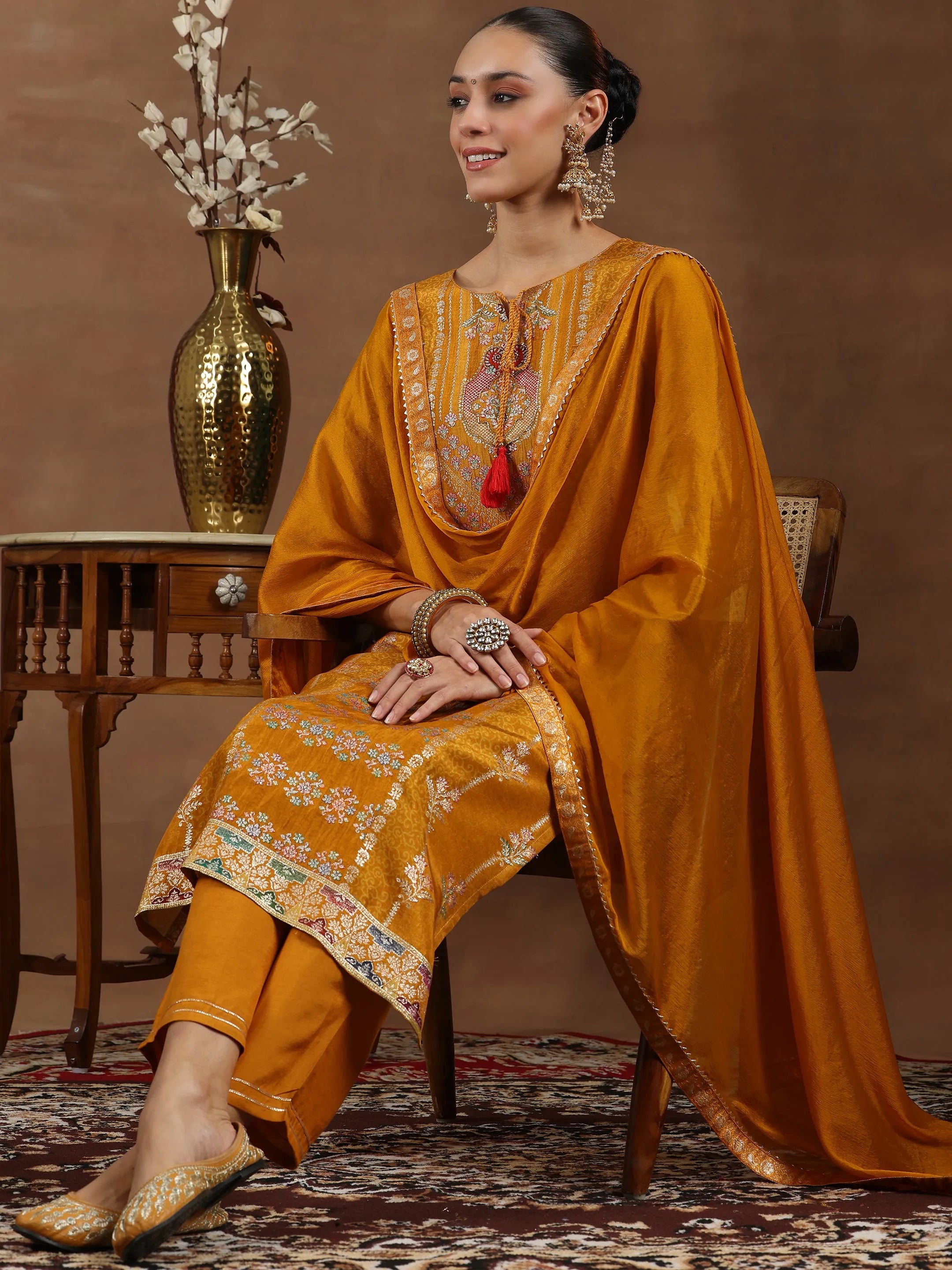 Mustard Woven Design Silk Blend Straight Suit With Dupatta-image-14
