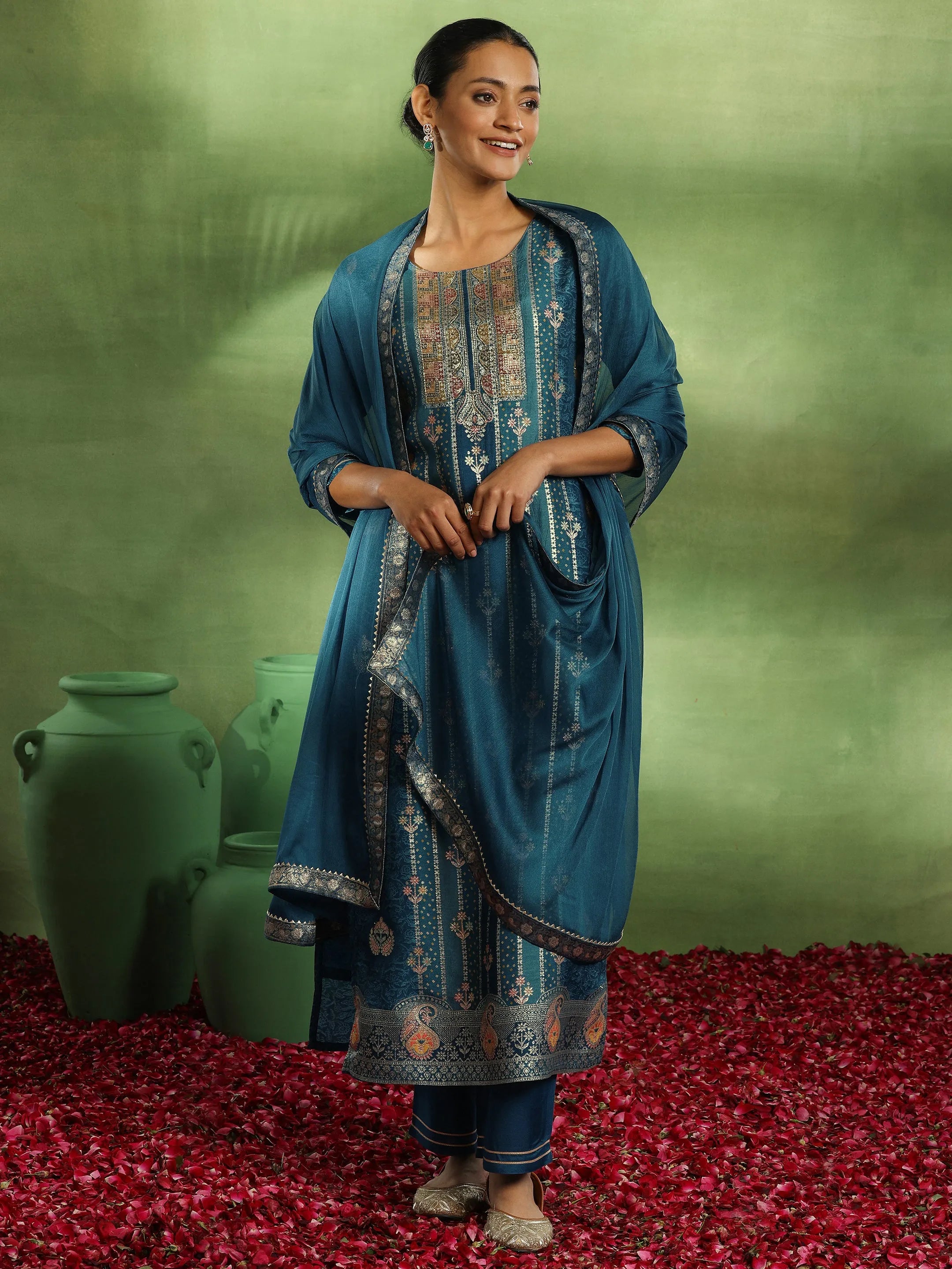 libas Blue Woven Design Silk Blend Straight Suit With Dupatta-picture-59