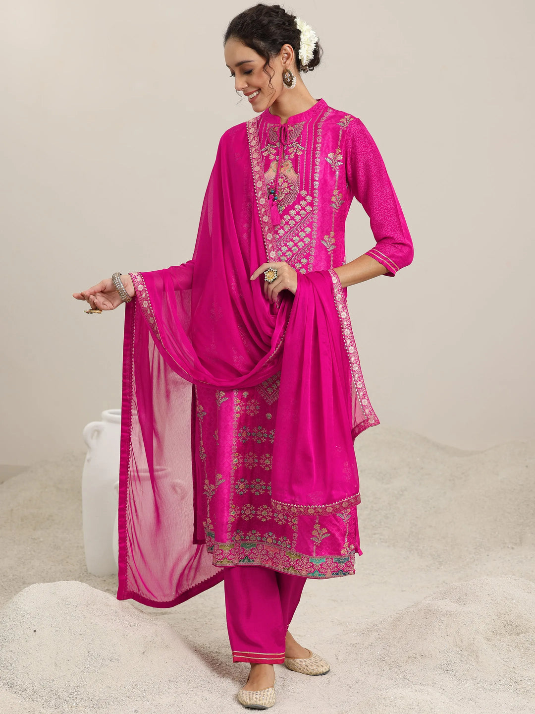  Pink Woven Design Silk Blend Straight Suit With Dupatta 