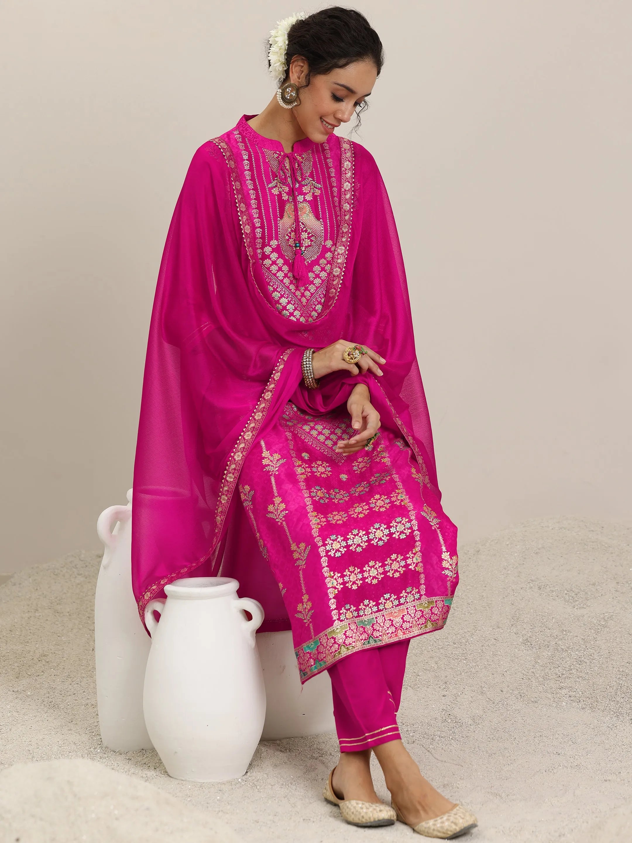 libas Pink Woven Design Silk Blend Straight Suit With Dupatta-picture-10