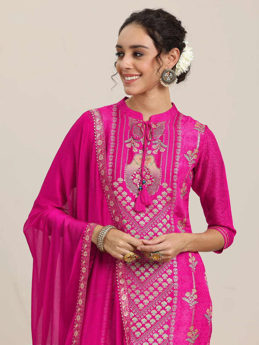  Pink Woven Design Silk Blend Straight Suit With Dupatta 