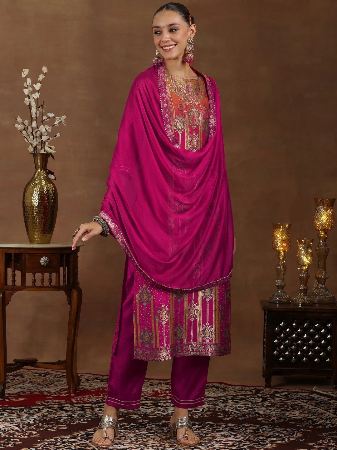  Pink Woven Design Silk Blend Straight Suit With Dupatta 