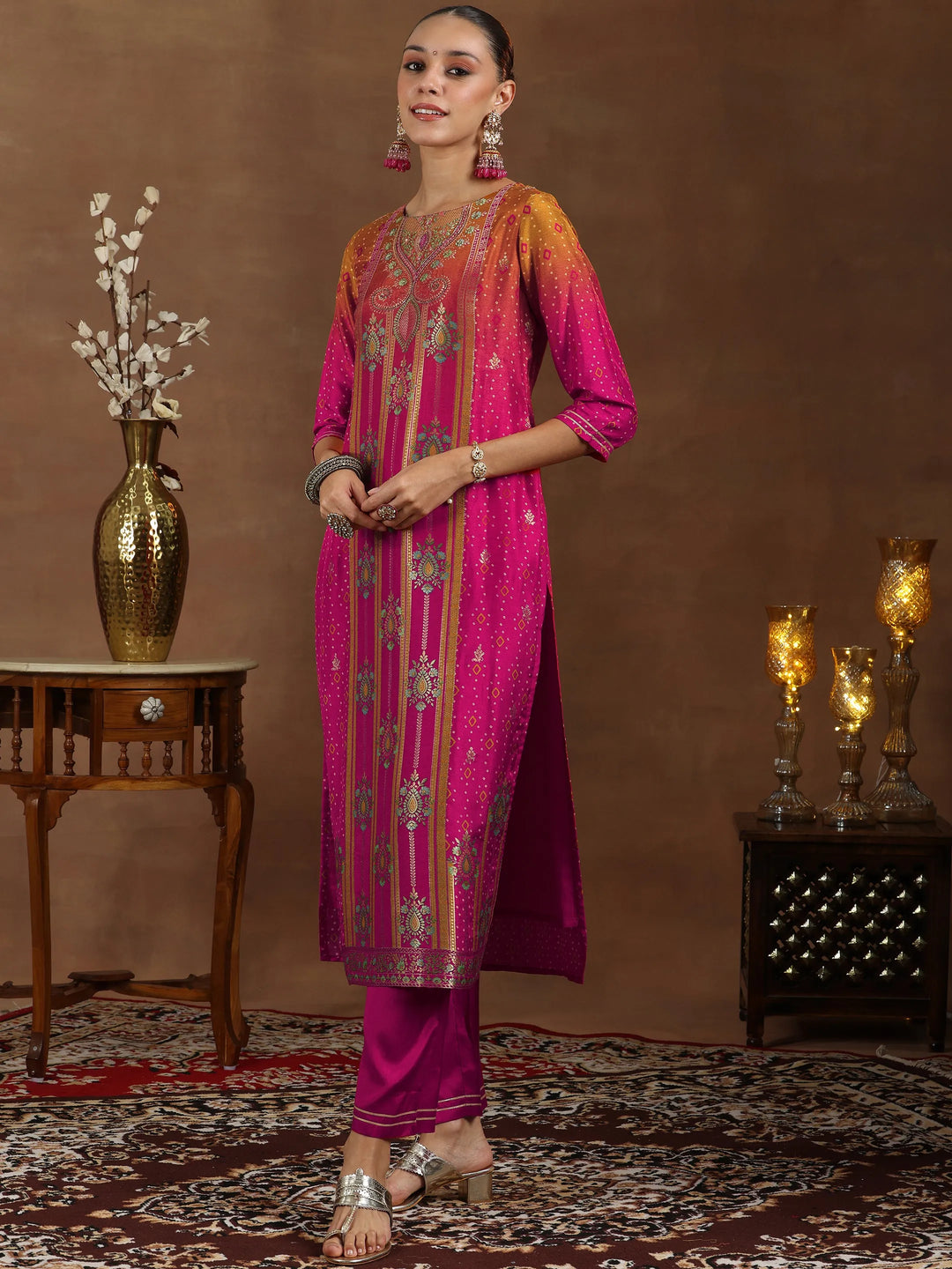  Pink Woven Design Silk Blend Straight Suit With Dupatta 
