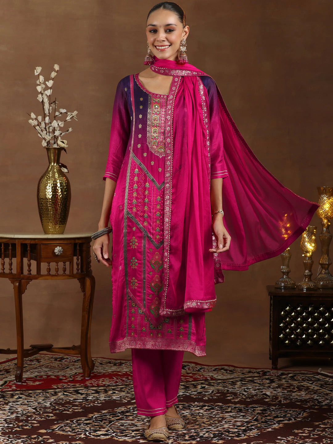  Pink Woven Design Silk Blend Straight Suit With Dupatta 