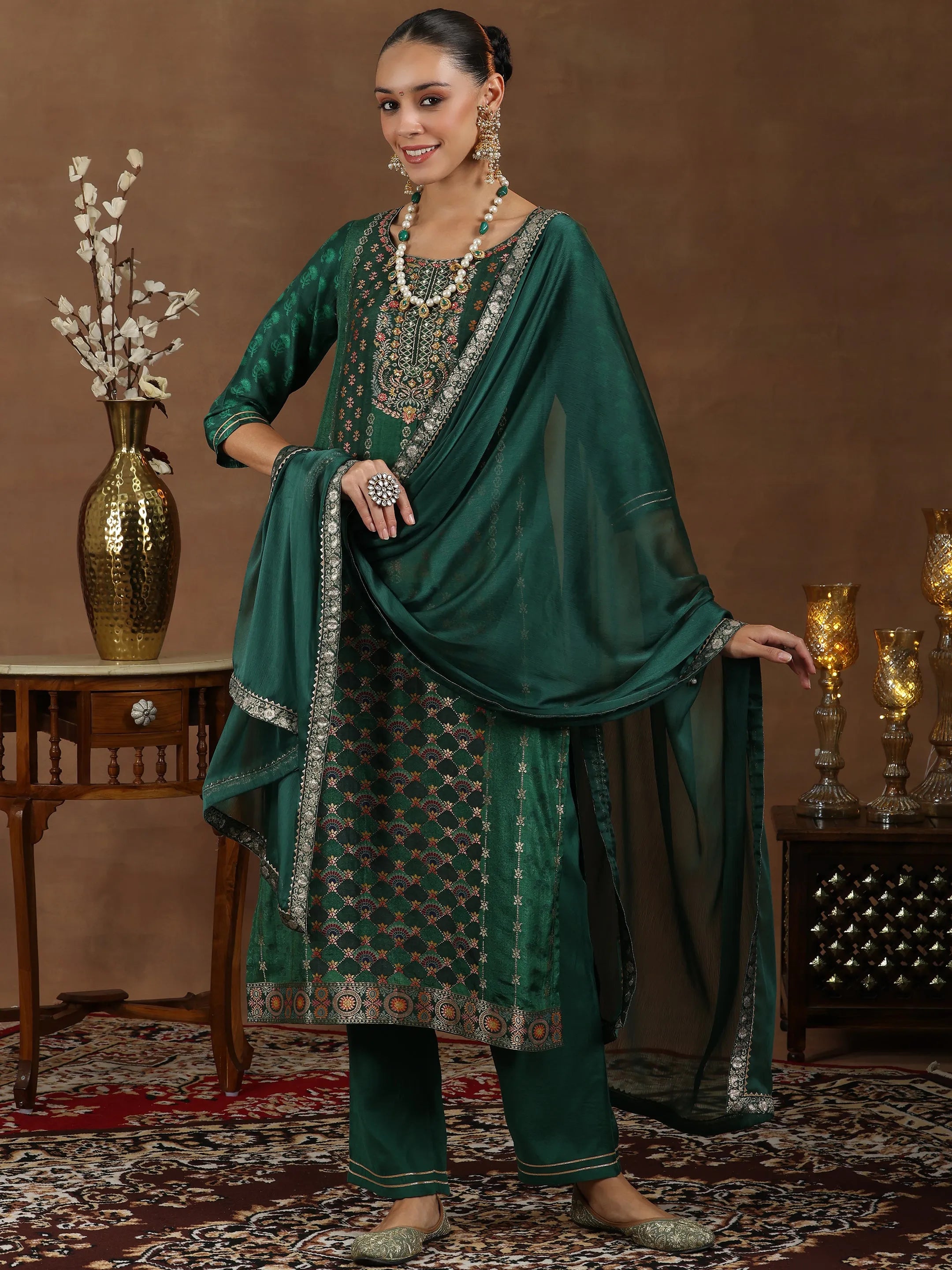 libas Green Woven Design Silk Blend Straight Suit With Dupatta-picture-51