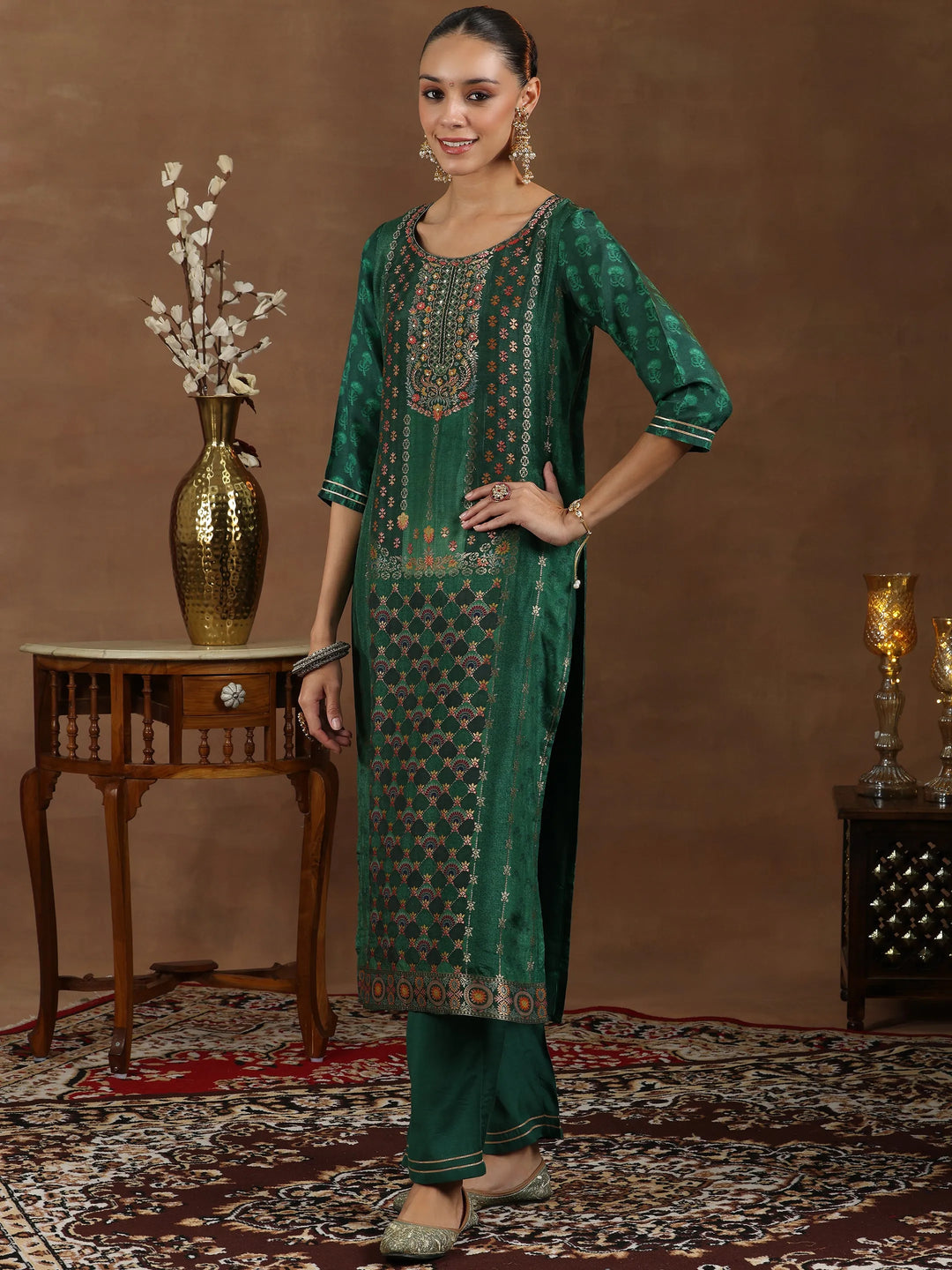  Green Woven Design Silk Blend Straight Suit With Dupatta 