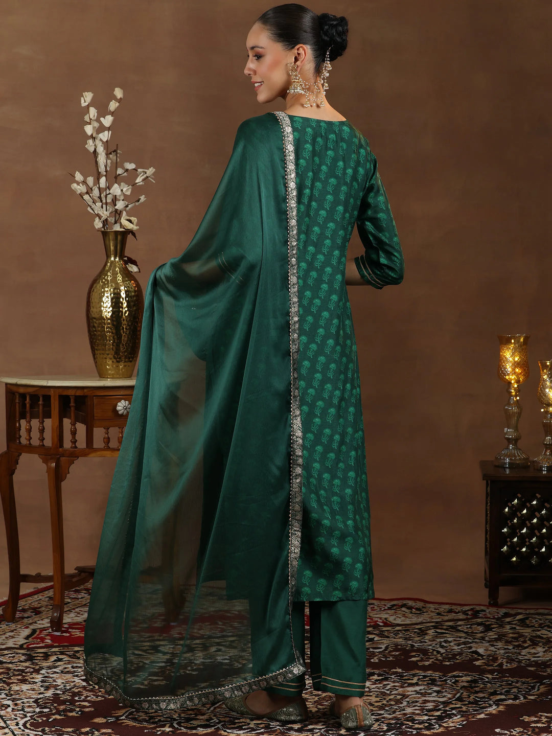  Green Woven Design Silk Blend Straight Suit With Dupatta 