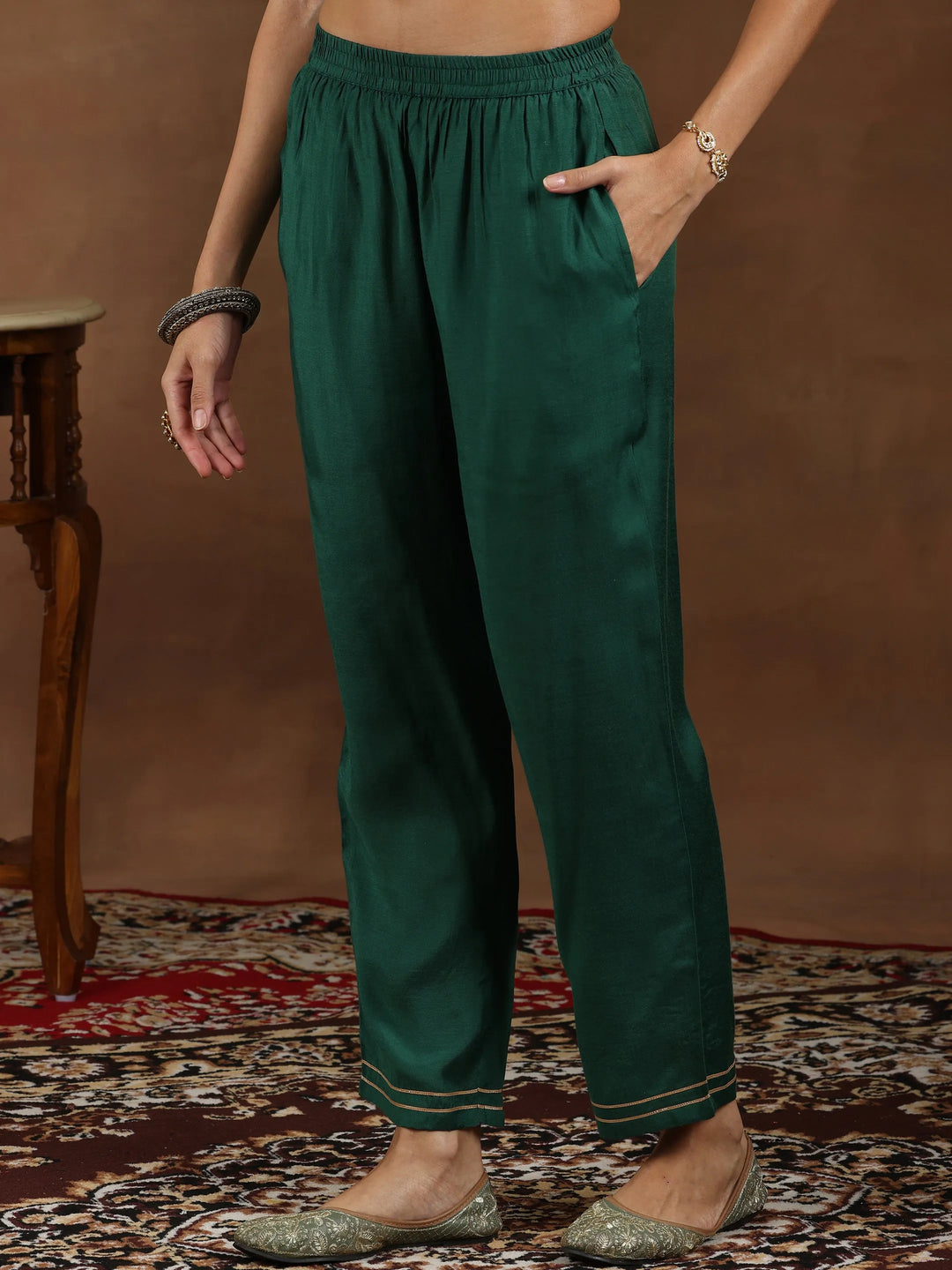  Green Woven Design Silk Blend Straight Suit With Dupatta 