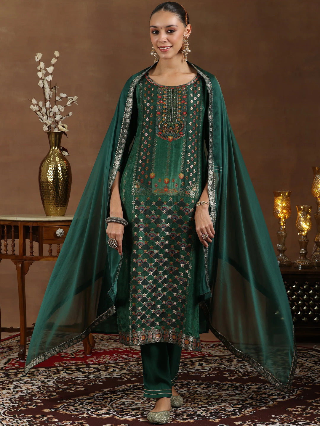  Green Woven Design Silk Blend Straight Suit With Dupatta 