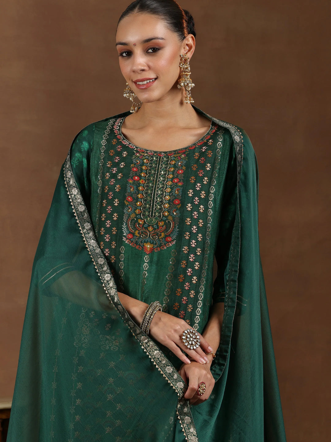  Green Woven Design Silk Blend Straight Suit With Dupatta 