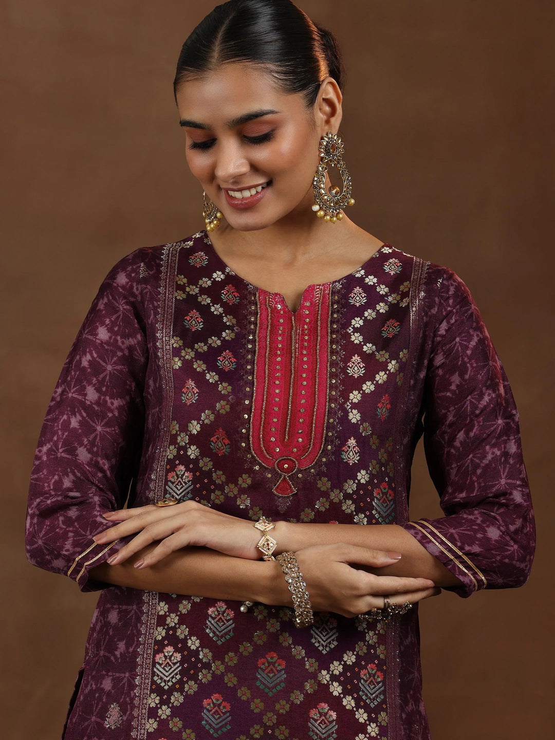  Wine Woven Design Silk Blend Straight Suit With Dupatta 